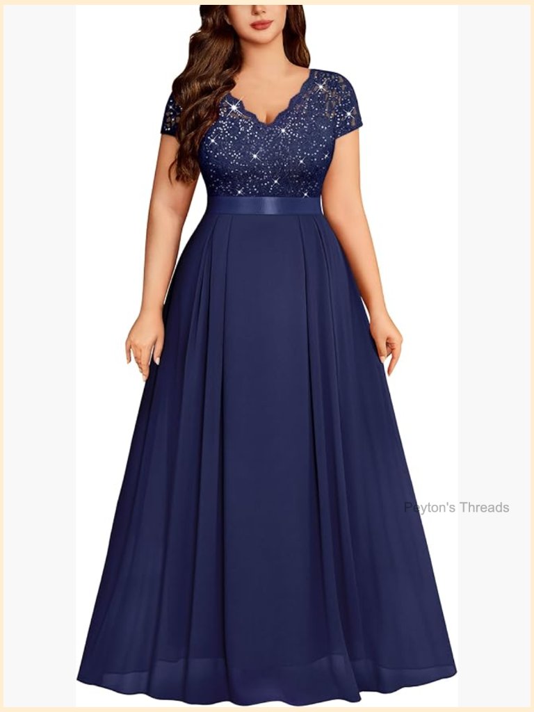 Plus Size Sequin Floral Lace V Neck Cap Sleeve Maxi Formal Dress